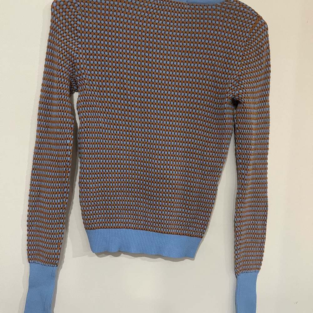Zara Blue and Brown Crew Neck Sweater with Vintage Pattern